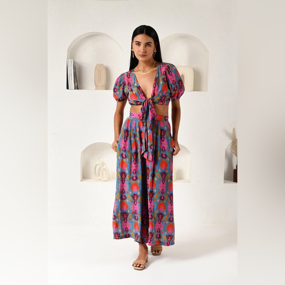 Ollari New York from Anthropologie Other - ✨ Anthropologie Ollari New York Ikat Silk-Feel Crop Top & Wide Leg Pant Set - L